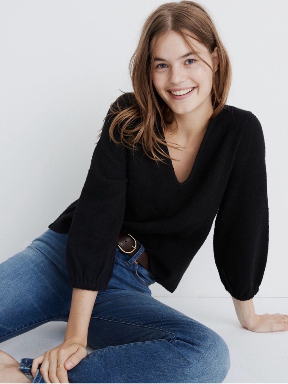 Madewell | Black Boucle Textured V-Neck Top, M